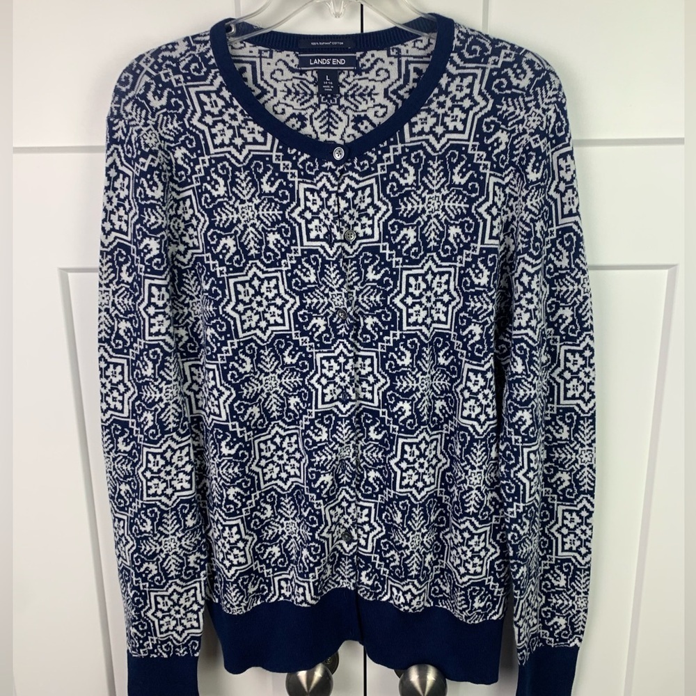 Lands End Women’s LARGE Cardigan Sweater Faire Isle Navy White Holiday